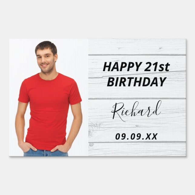 Birthday party custom photo rustic wood guy  sign (Front)