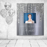Birthday party custom photo silver glitter glam tapestry<br><div class="desc">A tapestry for a girly and glamorous 21st (or any age) birthday party. A faux silver looking background with elegant faux silver glitter drips, paint dripping look. Personalize and add your own high quality photo of the birthday girl. The text: The name is written in white with a modern hand...</div>