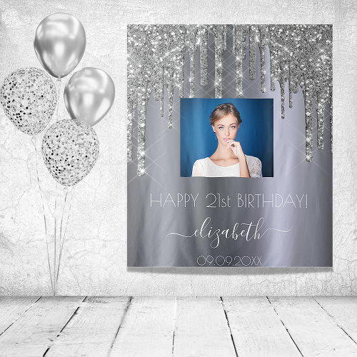 Birthday party custom photo silver glitter glam
