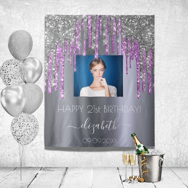 Birthday party custom photo silver glitter purple tapestry (Creator Uploaded)