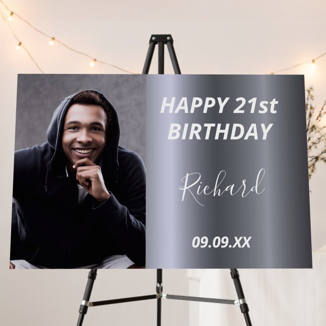 Birthday party custom photo silver name guy foam board (In Situ (Stand))