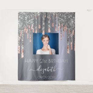 Birthday party custom photo silver pink drips tapestry
