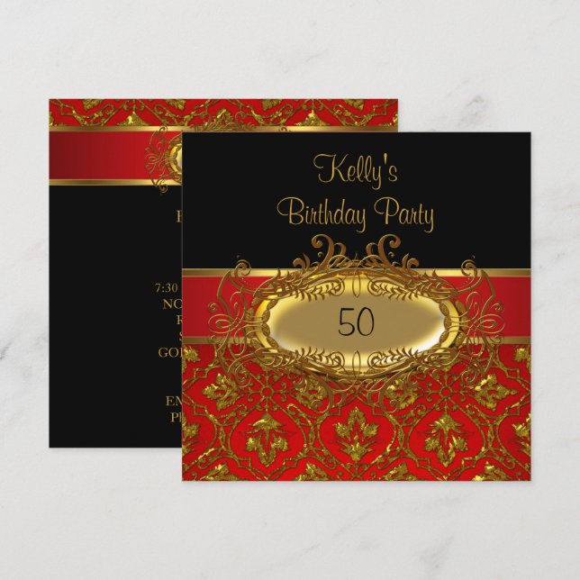 Birthday Party Damask Black Red Gold Invitation (Front/Back)