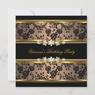 Birthday Party Damask Coffee Gold Black Invitation