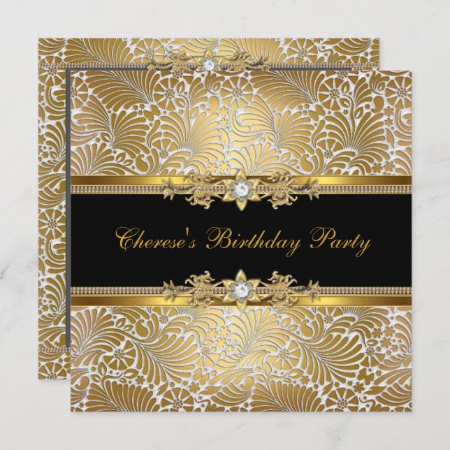 Birthday Party Damask Gold Black White Diamond Invitation (Front/Back)