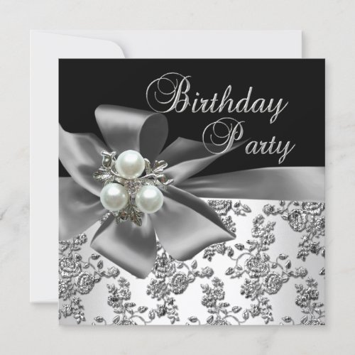 Birthday Party Damask Pearl Silver White Black Custom Invitation