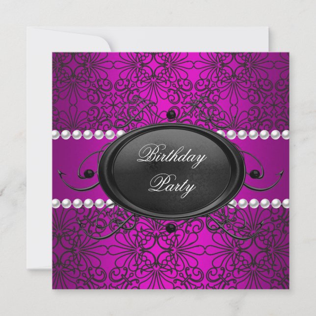 Birthday Party Damask Pink Purple White Black Invitation (Front)