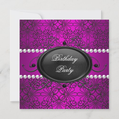 Birthday Party Damask Pink Purple White Black Invitation