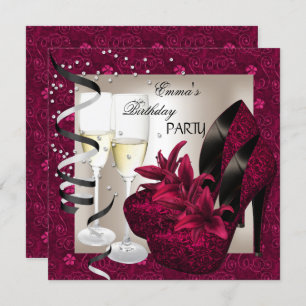 Birthday Party Damask Pink Red Shoes Cream 2 Invitation