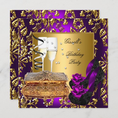 Birthday Party Damask Purple Gold Shoes Invitation