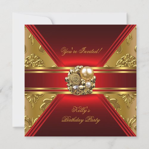 Birthday Party Damask Red Gold Invite