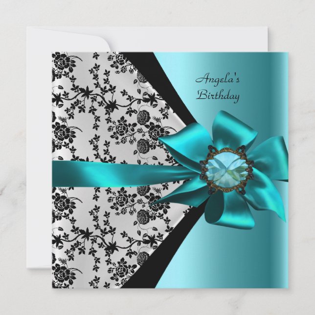 Birthday Party Damask Teal Blue Black Bow Jewel Invitation (Front)