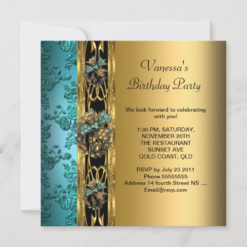 Birthday Party Damask Teal Blue Gold 2 Invitation