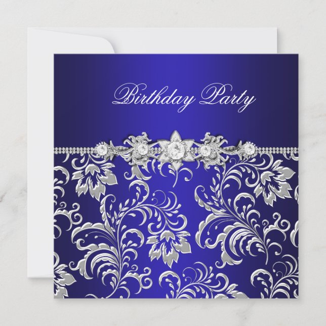 Birthday Party Dark Blue Floral Damask Silver Invitation (Front)