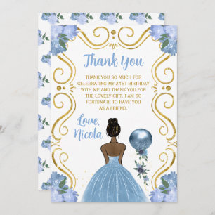 Birthday Party Dark Skin Princess Blue Thank You Card