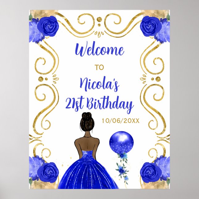Birthday Party Dark Skin Princess Blue Welcome Poster (Front)