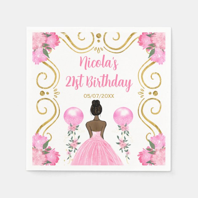 Birthday Party Dark Skin Princess in Pink Napkins (Front)
