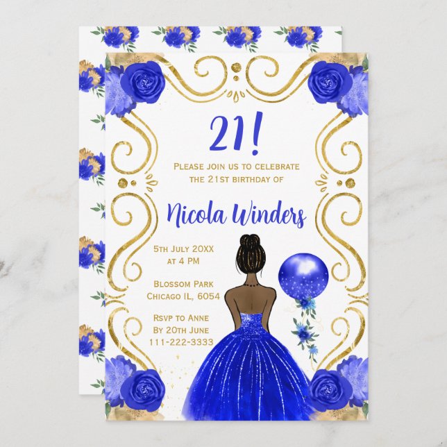 Birthday Party Dark Skin Princess in Royal Blue Invitation (Front/Back)