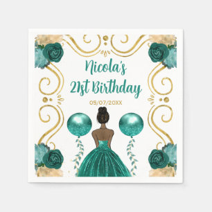 Birthday Party Dark Skin Princess in Teal Napkins