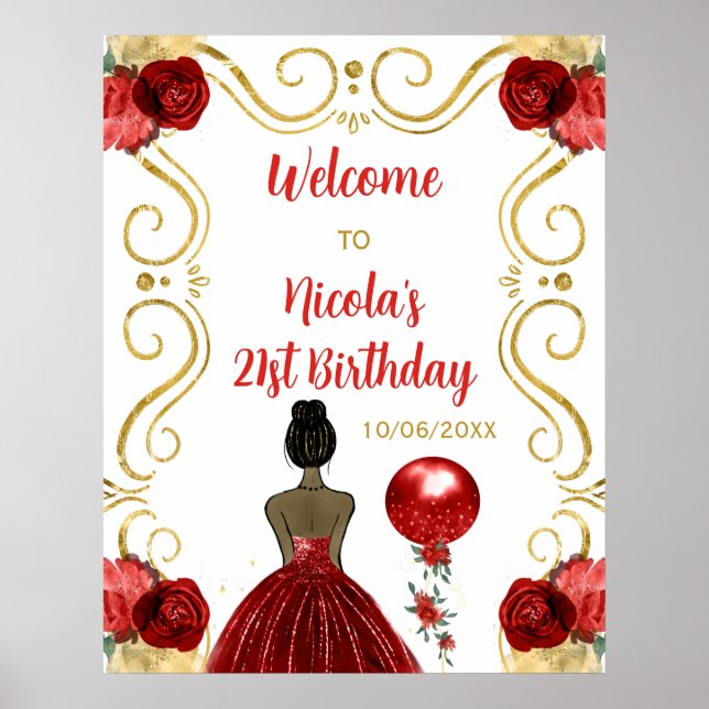 Birthday Party Dark Skin Princess Red Welcome Poster (Front)
