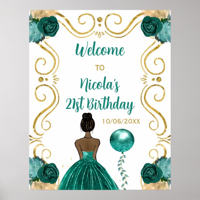 Birthday Party Dark Skin Princess Teal Welcome Poster (Front)