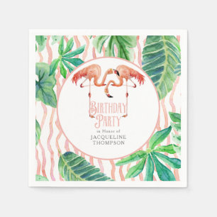 Birthday Party Decor Watercolor Pink Flamingo Leaf Napkins