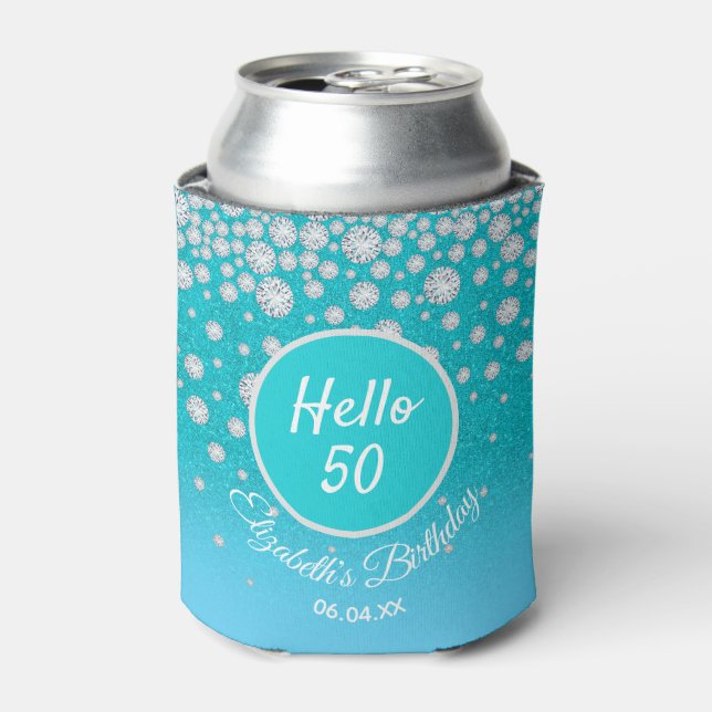 Birthday party diamonds teal blue glitter woman can cooler (Can Front)