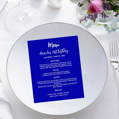 Birthday party dinner menu royal blue white budget flyer