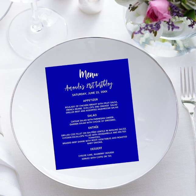 Birthday party dinner menu royal blue white budget flyer (Creator Uploaded)
