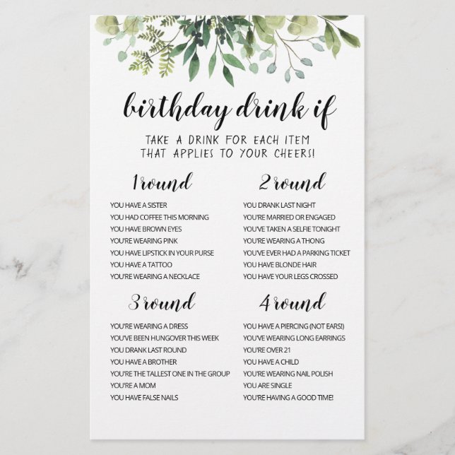 Birthday Party Drink If Game editable card (Front)