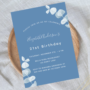 Birthday party dusty blue white eucalyptus invitation