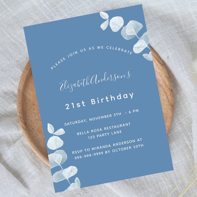 Birthday party dusty blue white eucalyptus invitation postcard (Creator Uploaded)
