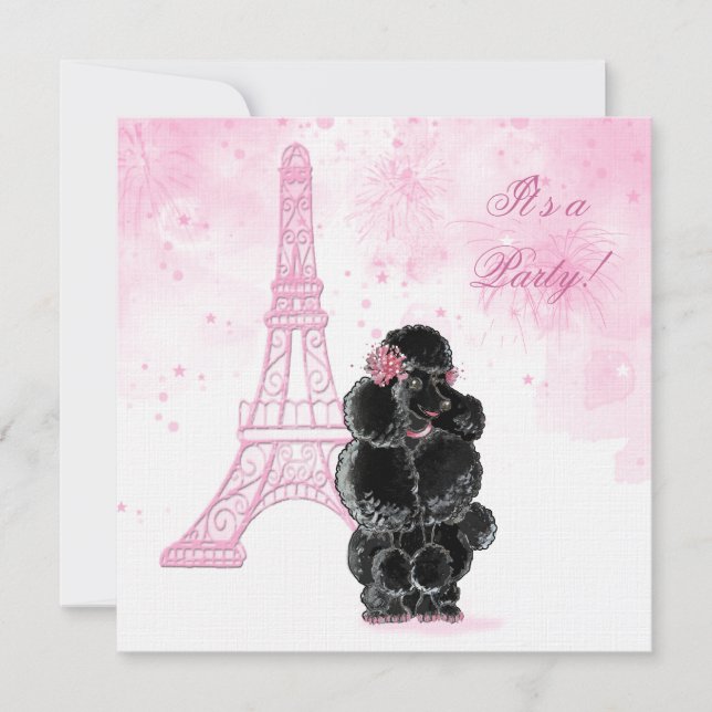 Birthday Party Eiffel Tower & Black Poodle Invitation (Front)