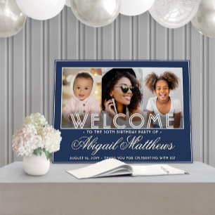 Birthday Party Elegant 3 Photo Navy Blue Welcome Foam Board
