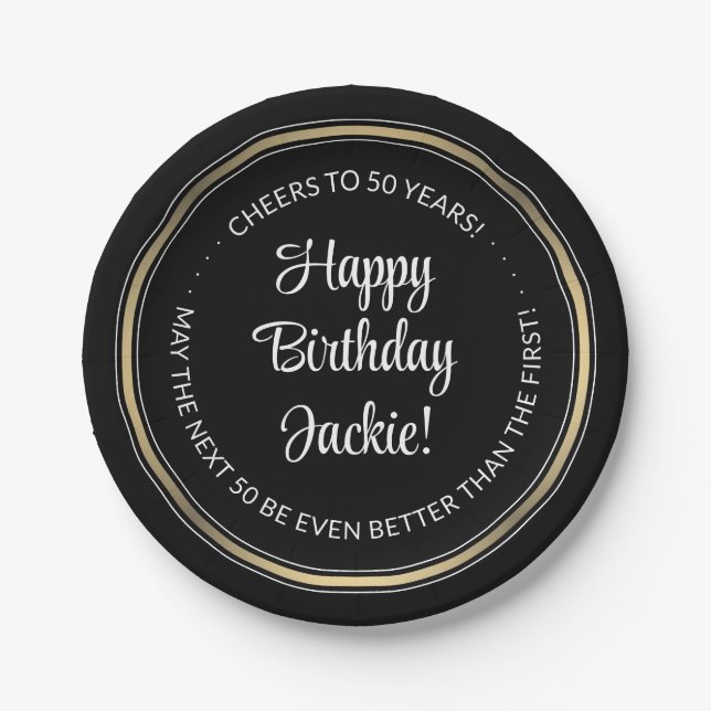 Birthday Party Elegant Black, White and Gold Round Paper Plates (Front)