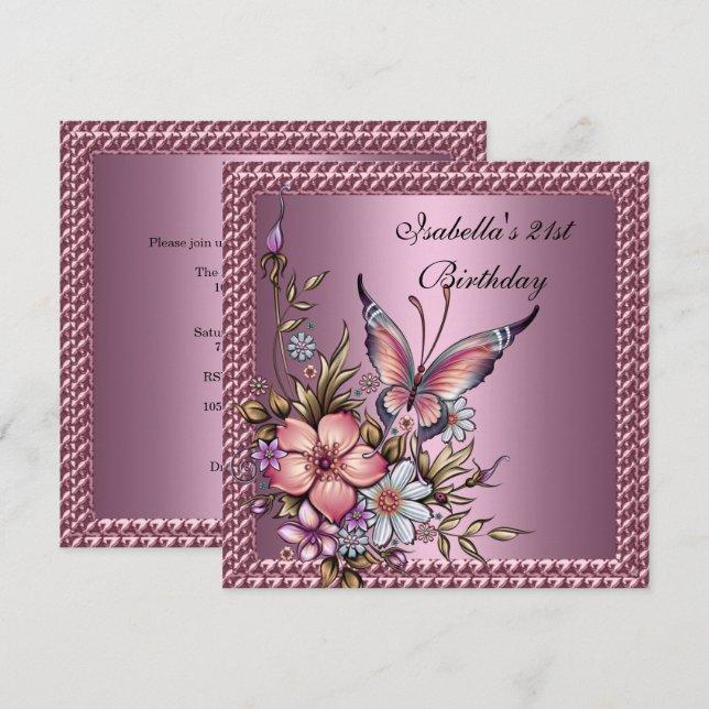 Birthday Party Elegant Floral Butterfly Pink Invitation (Front/Back)