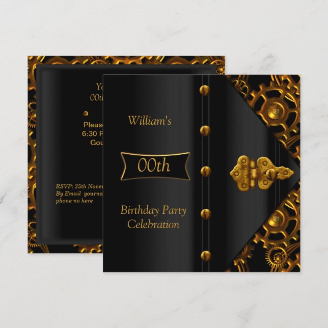 Birthday Party Elegant Gold Black Steampunk Invitation (Front/Back)
