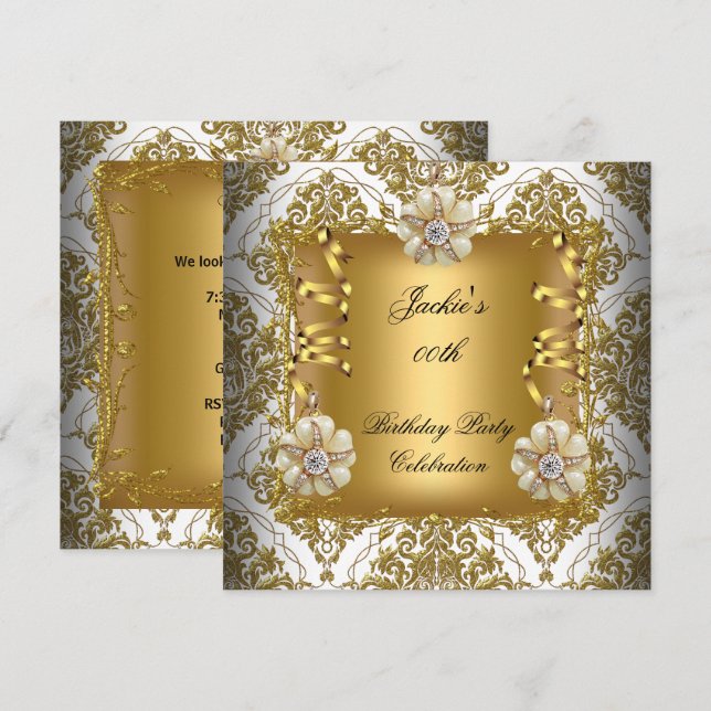 Birthday Party Elegant Gold White Silver Damask Invitation (Front/Back)