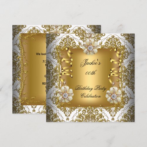 Birthday Party Elegant Gold White Silver Damask Custom Announcements
