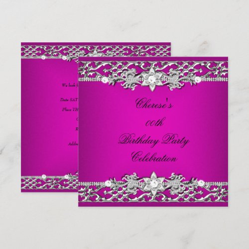 Birthday Party Elegant Hot Pink Silver Diamond Personalized Announcement