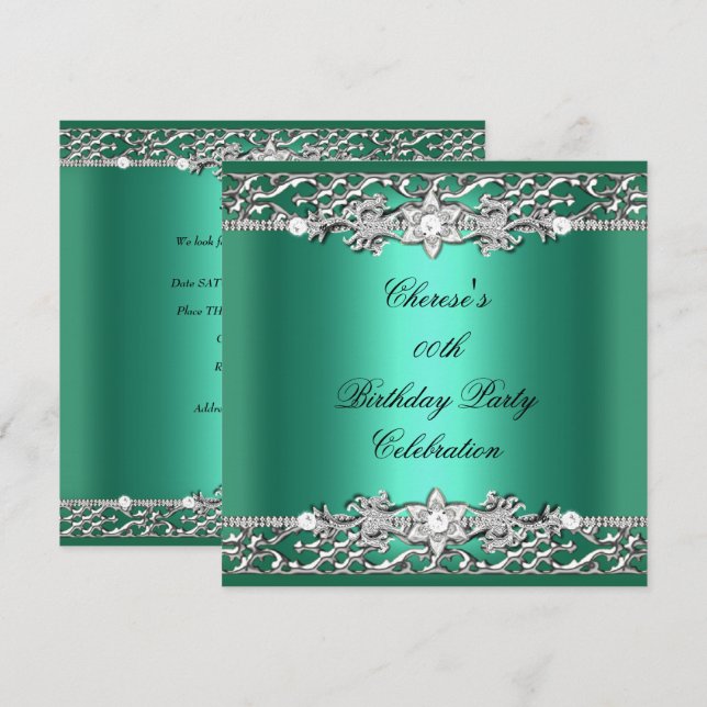 Birthday Party Elegant Jade Green Silver Diamond Invitation (Front/Back)