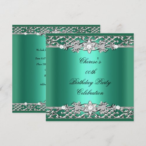 Birthday Party Elegant Jade Green Silver Diamond Announcements