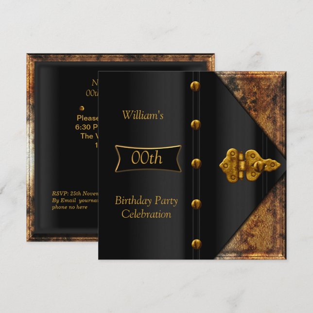 Birthday Party Elegant Mens Rusty Gold Black Invitation (Front/Back)