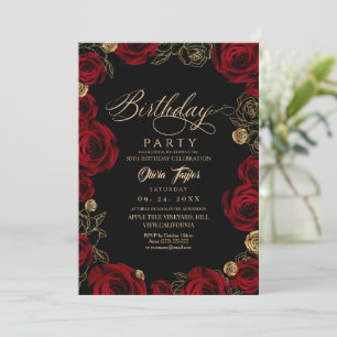  Birthday Party Elegant Red Gold Roses Invitation