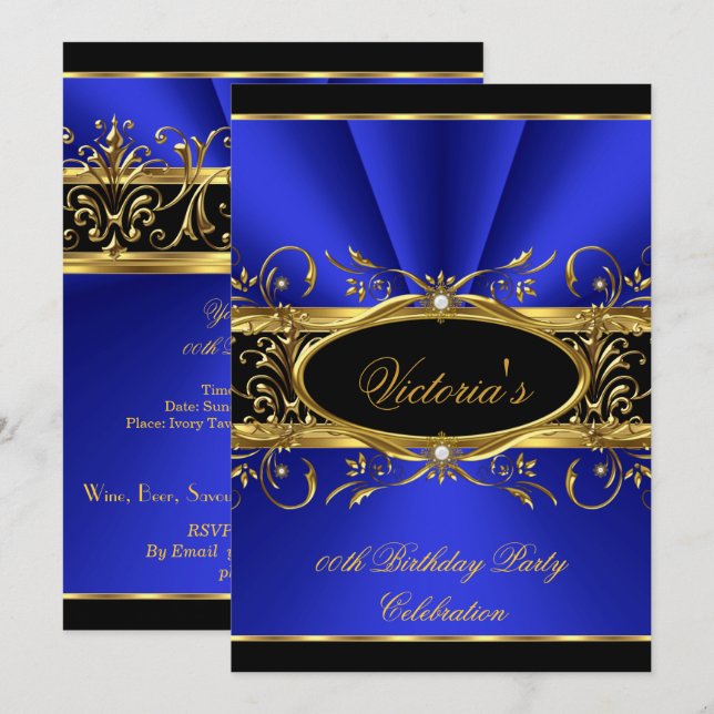 Birthday Party Elegant Royal Blue Gold Black Invitation (Front/Back)