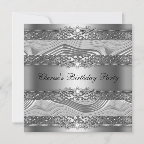 Birthday Party Elegant Silver Swirl Diamond Black Announcement