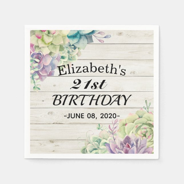 Birthday Party Elegant Succulent Plant Rustic Wood Napkins (Front)
