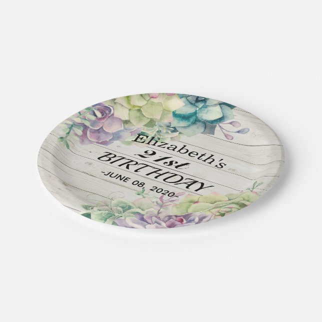 Birthday Party Elegant Succulent Plant Rustic Wood Paper Plates (Angled)