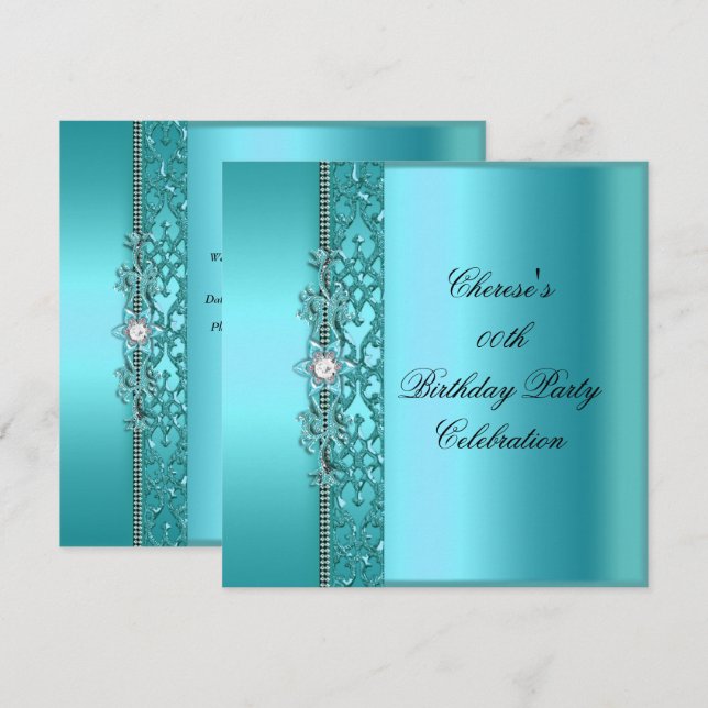 Birthday Party Elegant Teal Blue Diamond Invitation (Front/Back)