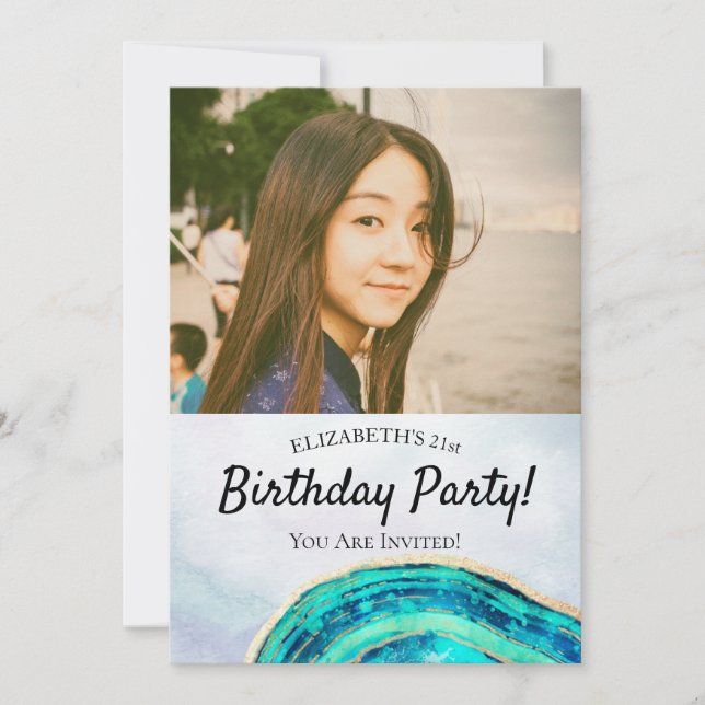Birthday Party Elegant Teal Gold Agate Geode Photo Invitation (Front)